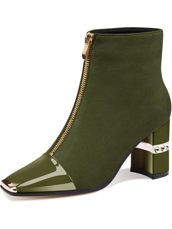 Shoes - Women's Army Green Suede Front Zipper Square Toe Chunky Block Heeled Dressy Boot